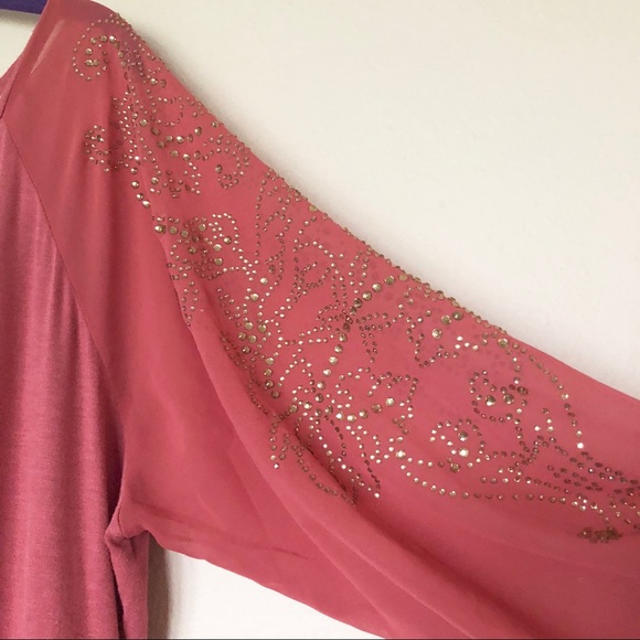 Jolt Dusty Rose Sheer and Stone Accent Blouse - Picture 3 of 8